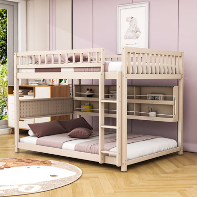 Lit superposé double en bois avec bande lumineuse, tablettes de rangement et panneau perforé