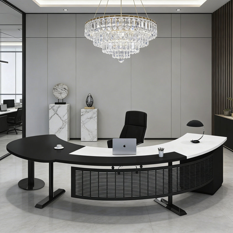 Bureau blanc minimaliste irrégulier avec plateau incurvé, rangement multifonctionnel et structure stable, Blanc