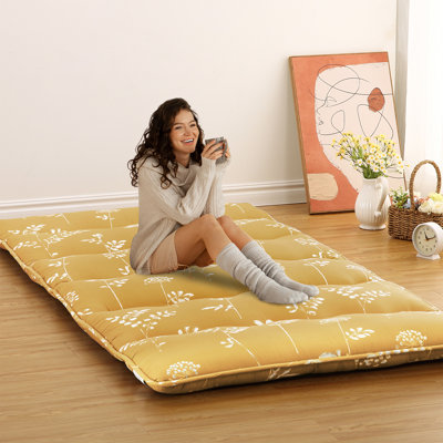 Matelas futon japonais épais, format une place - Lit de sol tatami pliable et enroulable, imprimé floral, idéal pour chambre d'amis, dortoir et camping - Jaune citron, motif vague à cinq lignes