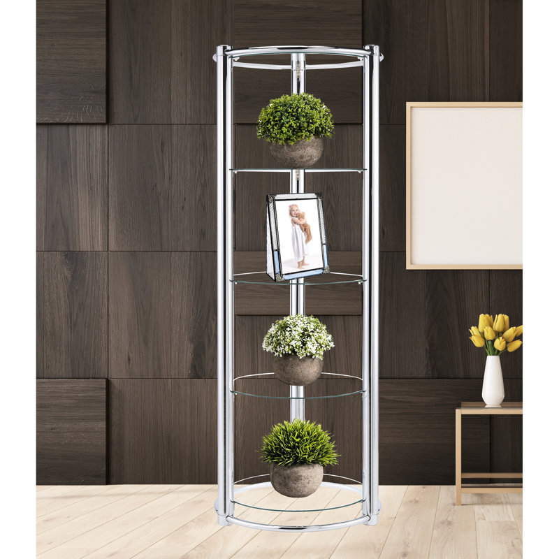 Étagère triangulaire en verre trempé, 5 tablettes verticales pour zones de vie principales, design épuré, dos ouvert, tablette avec poids minimal de 28,17 lb