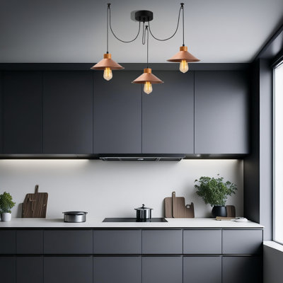 Modern Copper Chandelier with Adjustable Height, 45 x 9.4 inches | Metal Body, Wooden Base, 3 x E27 Sockets (Max 40 W) | Stylish Industrial & Scandinavian Design for Dining Room, Kitchen, or Living Space