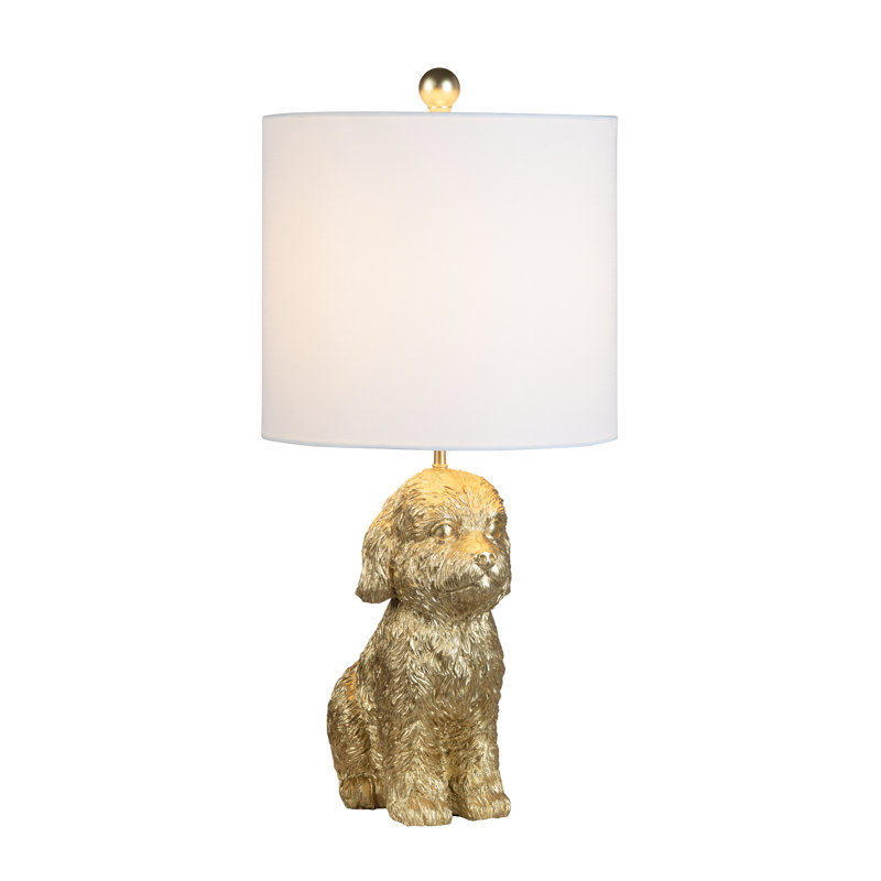 Gold Resin Doodle Dog Table Lamp With Linen Shade