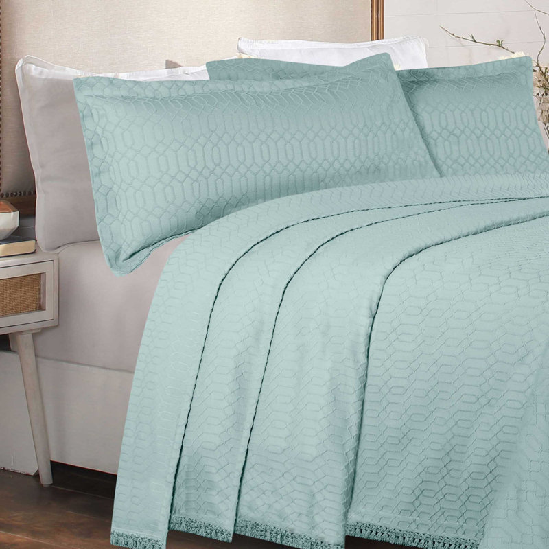 Aqua Full Cotton Jacquard Geometric Fringe Bedspread Set