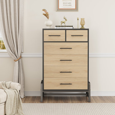 46.6-Inch Tall 6-Drawer Dresser with Leg Design & Robot Vacuum . Natural Oak Storage Cabinet