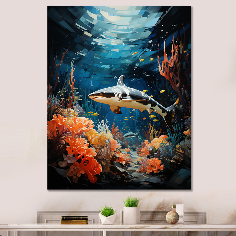 Teal Shark Animal Coastal Creatures " Teal Shark Animal Coastal Creatures ", 40" H x 30" W x 1.5" D, Wrapped Canvas