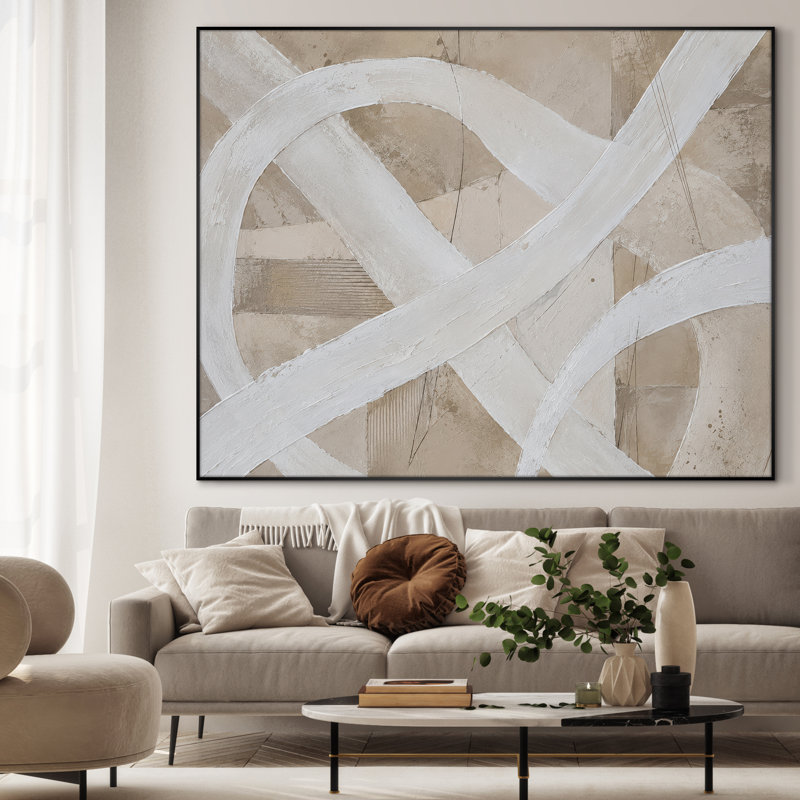 Très grand art mural imprimé sur tissu - Neutre beige, brun clair, lignes abstraites, décor minimaliste de salon - «Assemblage requis (cadre non fini)»