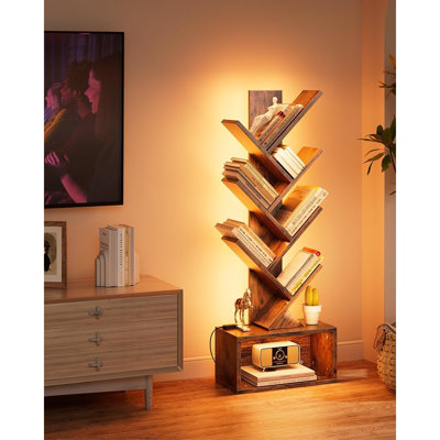 Bibliothèque rustique à 6 niveaux avec lumière DEL, petite bibliothèque de coin sur pied avec rangement pour la maison, le bureau et la chambre à coucher