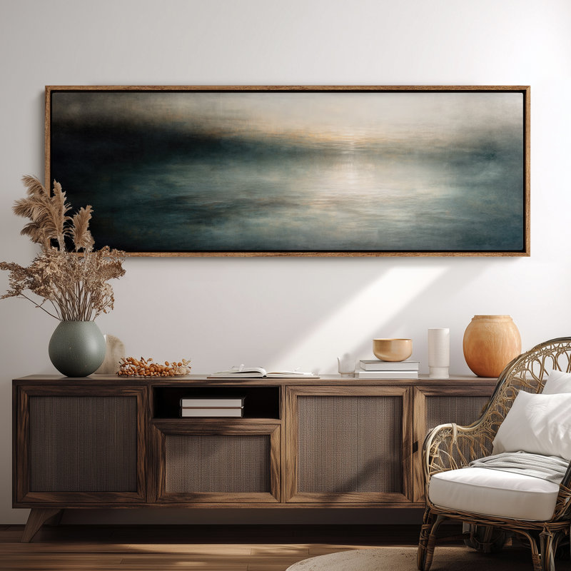 «Misty Blue Abstract Seascape Light Reflection Horizon», reproduction d'art encadrée, H 20 po x l 60 po, Naturel