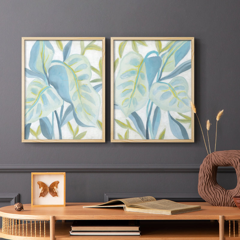 «Aqua Tropical Leaves I», reproduction encadrée de qualité supérieure - prête à être accrochée - aucun clou requis - aucun clou requis
