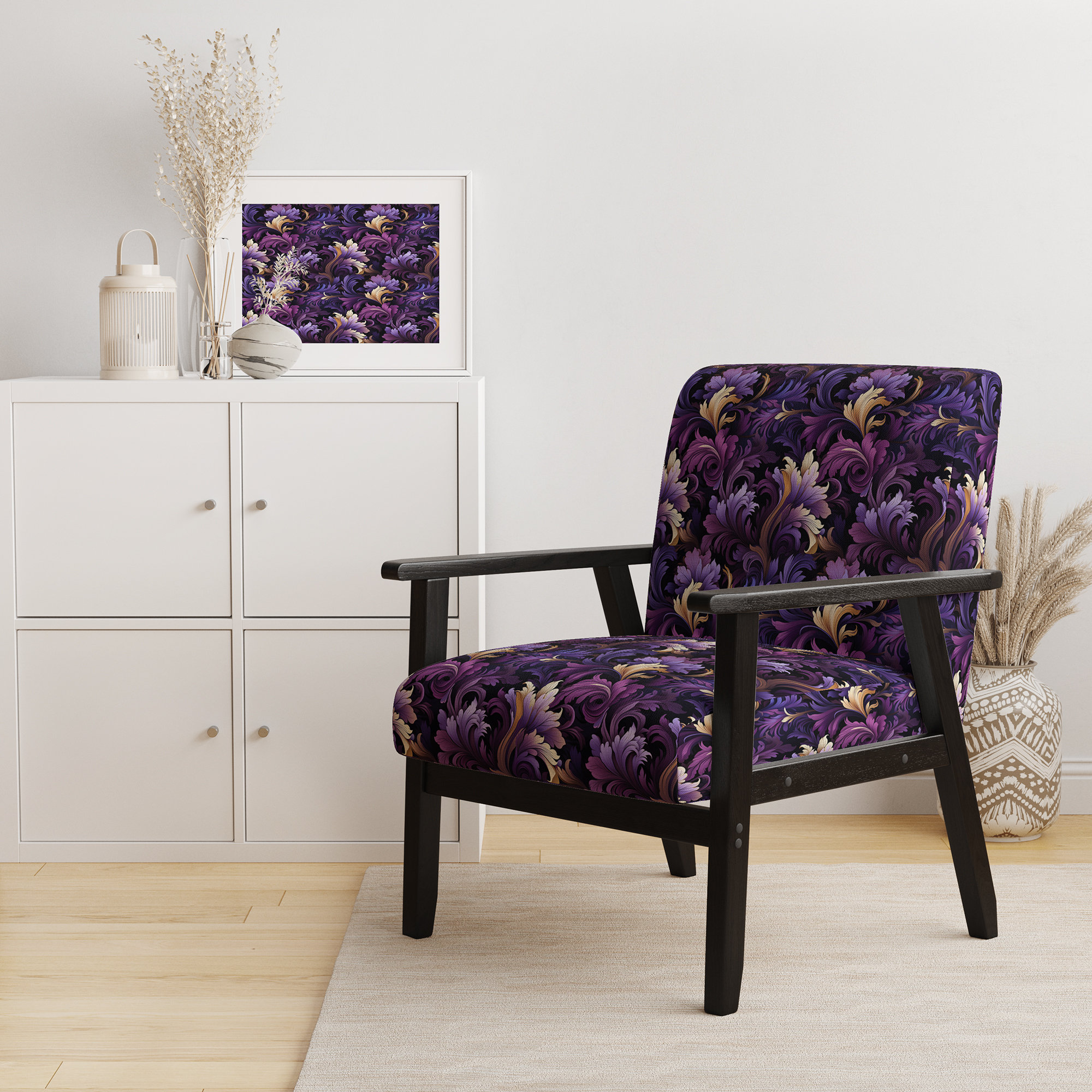 Patterned Upholstered Arm Chair - Purple, Gold, Bohemian Style, Solid Wood by Red Barrel Studio, image size:2000x2000