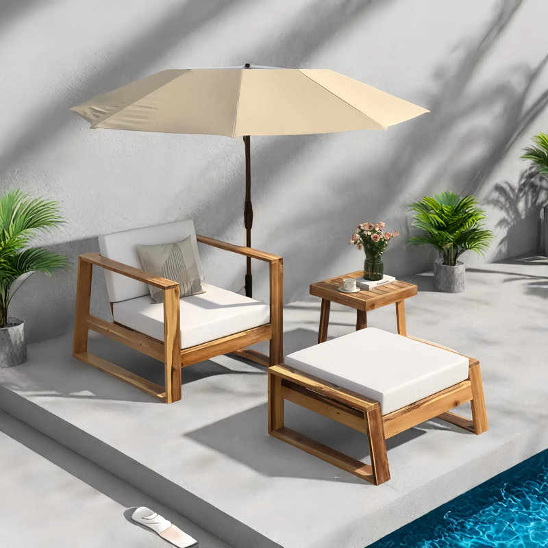 Outdoor Solid Wood Lounge Chair Set, Beige