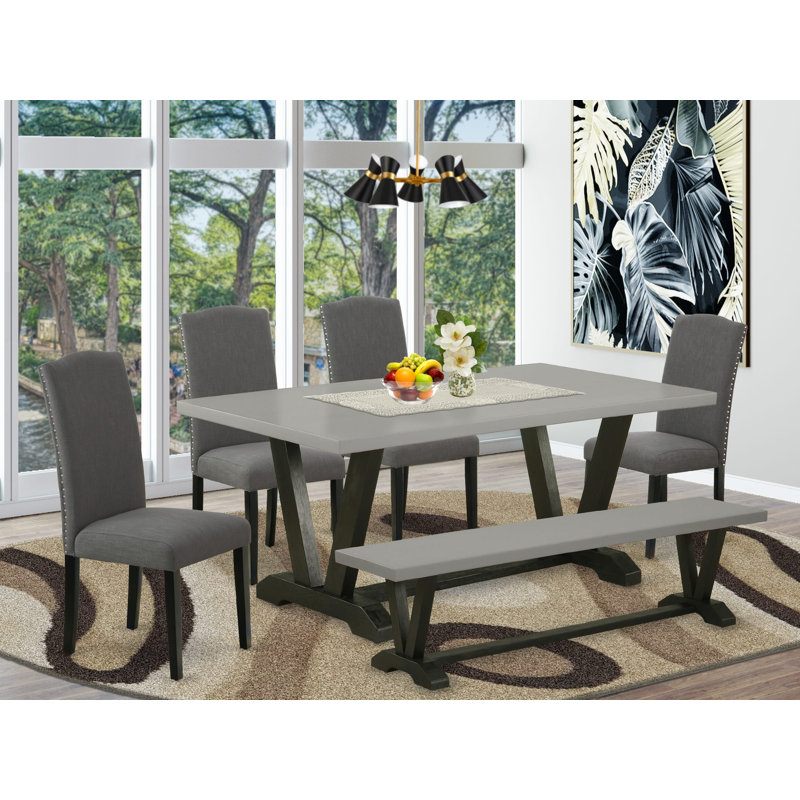 L'ensemble de salle à manger 6 pièces contient une table de salle à manger rectangulaire avec pieds en V et 4 chaises Parson en tissu de lin Gotham foncé avec un banc, noir brossé