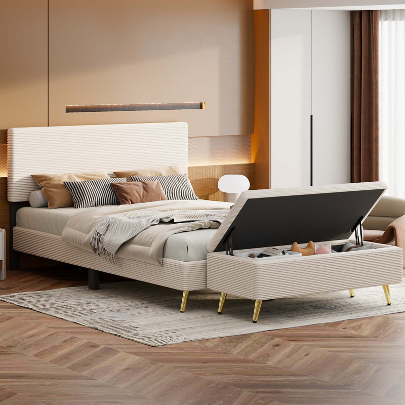 Ensemble de chambre à coucher 2 pièces avec cadre de lit tapissier grand format, repose-pieds en velours côtelé moderne