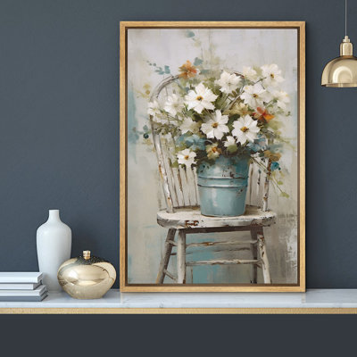 Vibrant Wildflower "White Daisy Flowers Bouquet Artwork, Modern Rustic French Country Floral Wall Pictures, Large Framed Canvas Giclee Print Wall Art"
