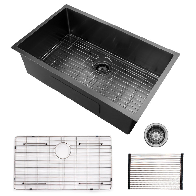 Évier de cuisine 32 po x 19 po en acier inoxydable, noir acier, bol simple et acier fonctionnel 32 po x 19 po, encastré, teinté, polyvalent