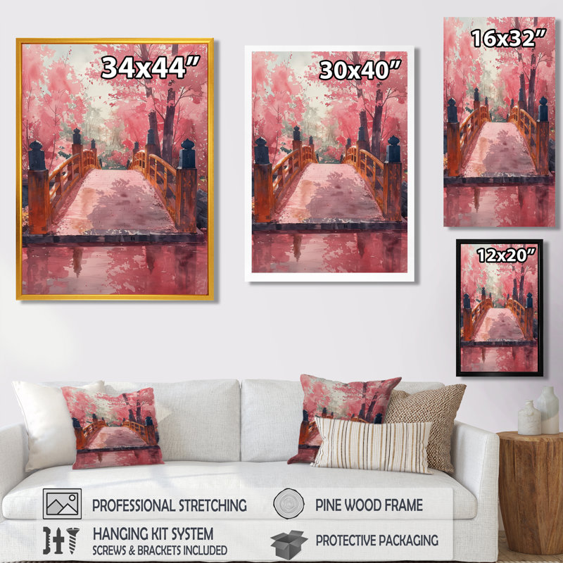 Pont rose de printemps rose sur fond de rêves - art mural, Cadre simple noir, H 34 po x l 44 po