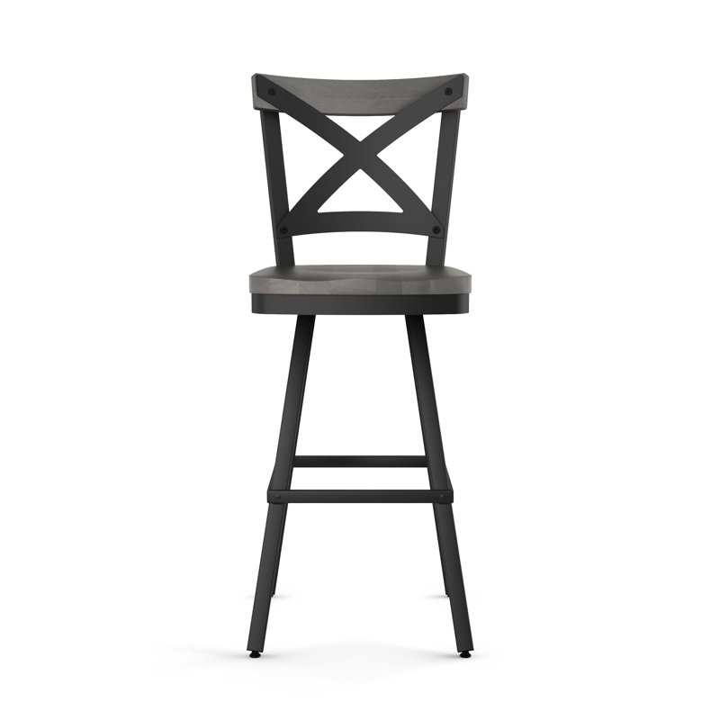 Tabouret de bar et de comptoir pivotant en bois massif Kirsten, Siège en bois gris / cadre noir
