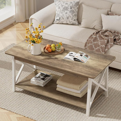 Coffee Table With Rounded Corners, Modern Living Room Table With 2-Tier Storage Shelves, Rustic Industrial Sturdy Centre Table, Space-Saving And Easy Assembly (White Grey Wash)