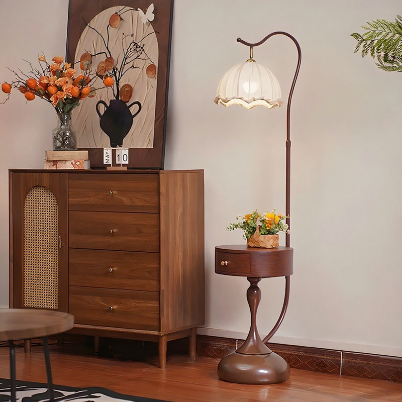 Lampes rondes en bois massif + fer + tissus, Brun noyer