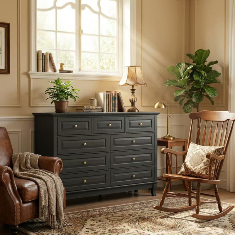 Durmish 55.1” Wide 9-Drawer Dresser, Black