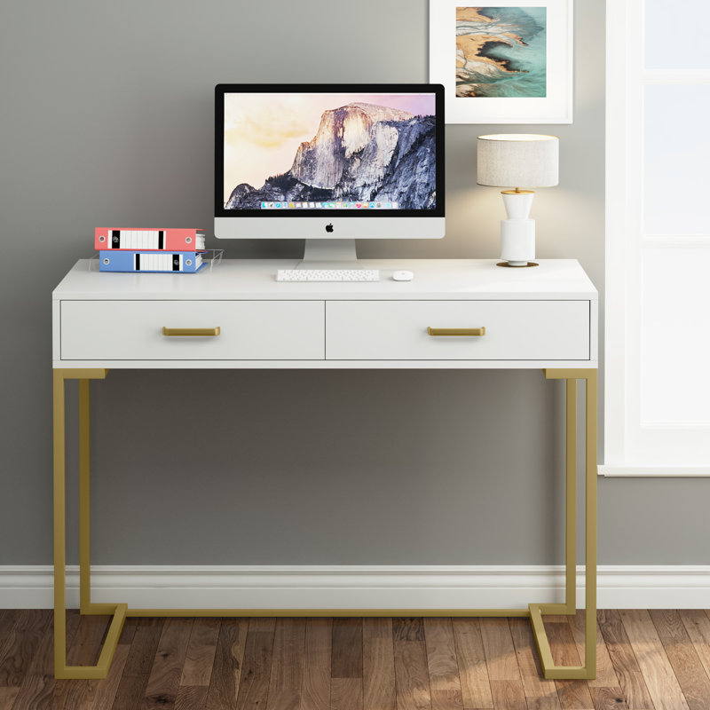Bureau Secil avec 2 tiroirs Secil, Doré, H 29,9 po x l 41,7 po x P 19,7 po
