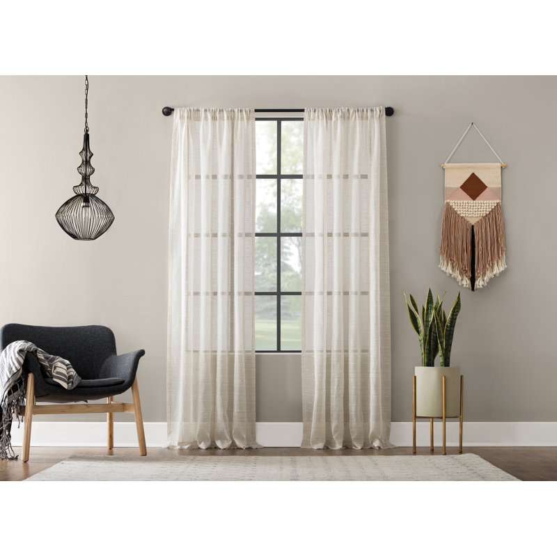 Textured Slub Anti-Dust Striped Semi-Sheer Rod Pocket Curtain Panel, Linen, 52" W x 63" L