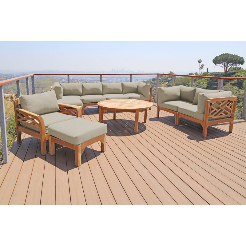 Monterey Outdoor 7 - Piece Teak Conversation Set, 7 Pcs:  Sectional,Chair,Cushion,LS,Table,2Ottoman, Antique Beige