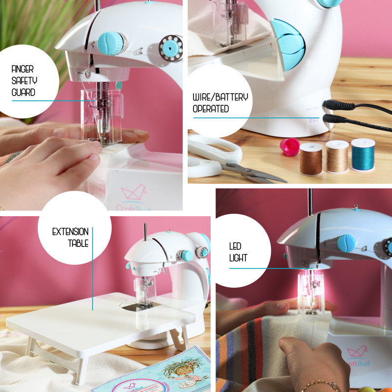 Compact White and Blue Portable Sewing Machine for Kids and Beginners