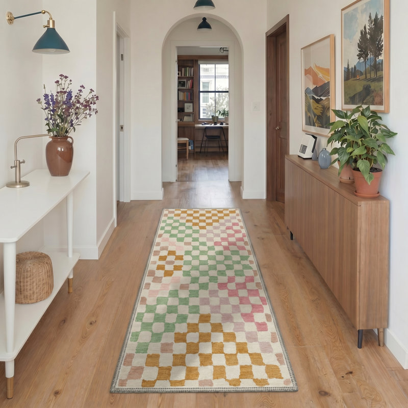 Modern Warped Check Machine Washable Green / Pink / Beige Indoor Area Rug With Non-Slip Backing, Runner 2'3" x 6'
