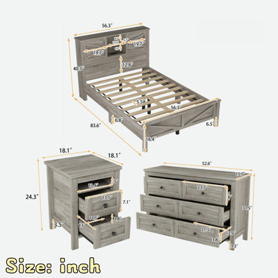 Ensemble de chambre à coucher 3 pièces, lit plateforme avec portes coulissantes, tête de rangement et station de charge, 1 table de chevet avec 2 tiroirs, 1 commode avec 6 tiroirs