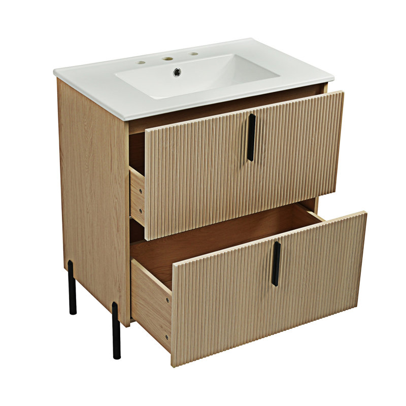 Meuble-lavabo avec lavabo et tiroirs en céramique, Naturel