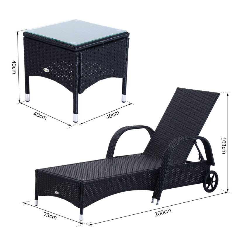 Outsunny Rattan Sun Loungers Set of 2 with Side Table Garden Set, Black/White