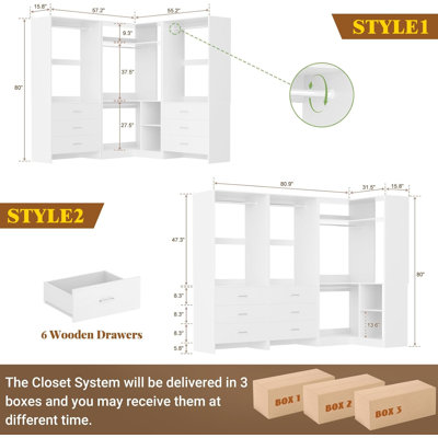 55.2'' - 80.9'' W Closet System with Wooden Drawers and Hanging Rods