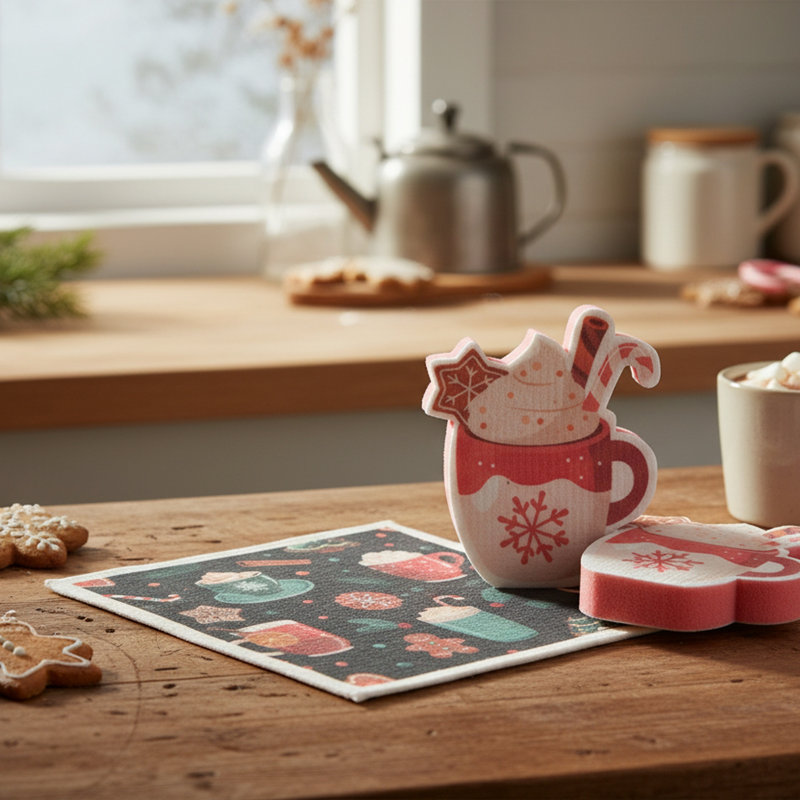 Ensemble de nettoyage 3 pièces torchon et éponge chocolat chaud - ensemble de 2
