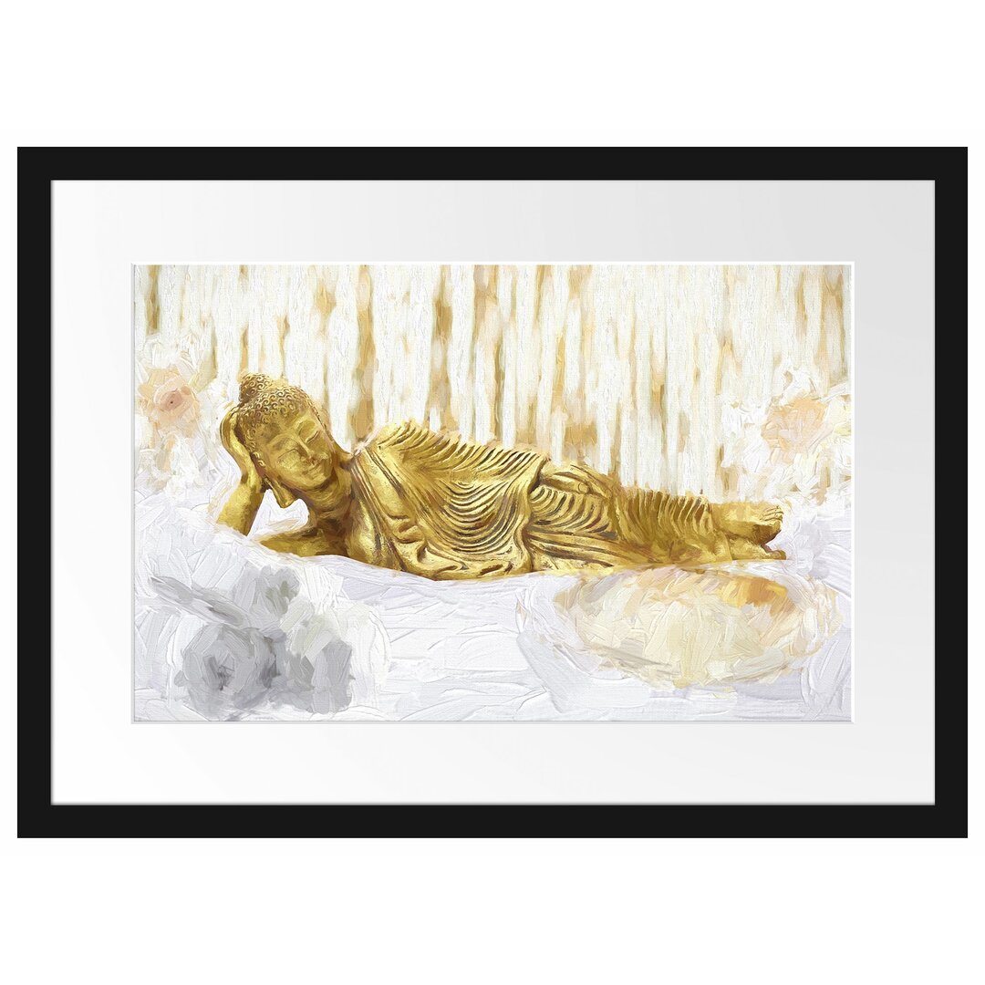 Gerahmtes Poster Goldener Buddha auf Handtuch