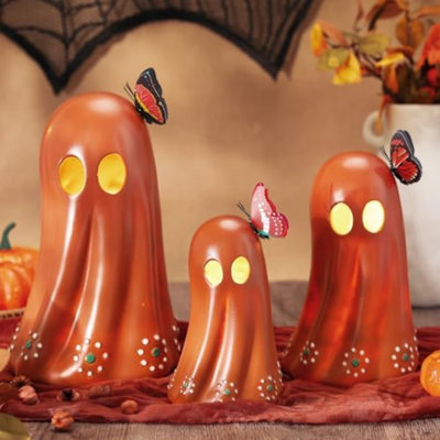 3 pièces de décoration fantôme mexicain avec lumière - grande figurine de fantôme en terre cuite d'Halloween en terre cuite avec papillon "Dia De Los Muertos" 6 "8" 10 "