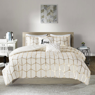 Lit double / grand et literie métallique dorée - imprimé géométrique, super doux, 2 taies décoratives, coussins décoratifs, édredon à basse température, style contemporain, base, traitement doux, lavage en machine