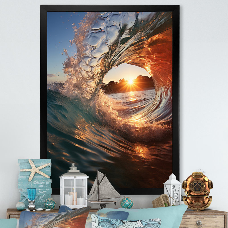 «Beach Photo Sunlit Waves IV» - Impression sur toile nautique et plage, L 12 po x H 20 po, Cadre photo noir