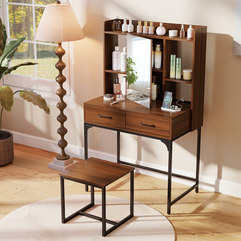 Vanity Set w/ Mirror Cabinet Modern Makeup Vanity Table w/ Stool 2 Drawers, Walnut