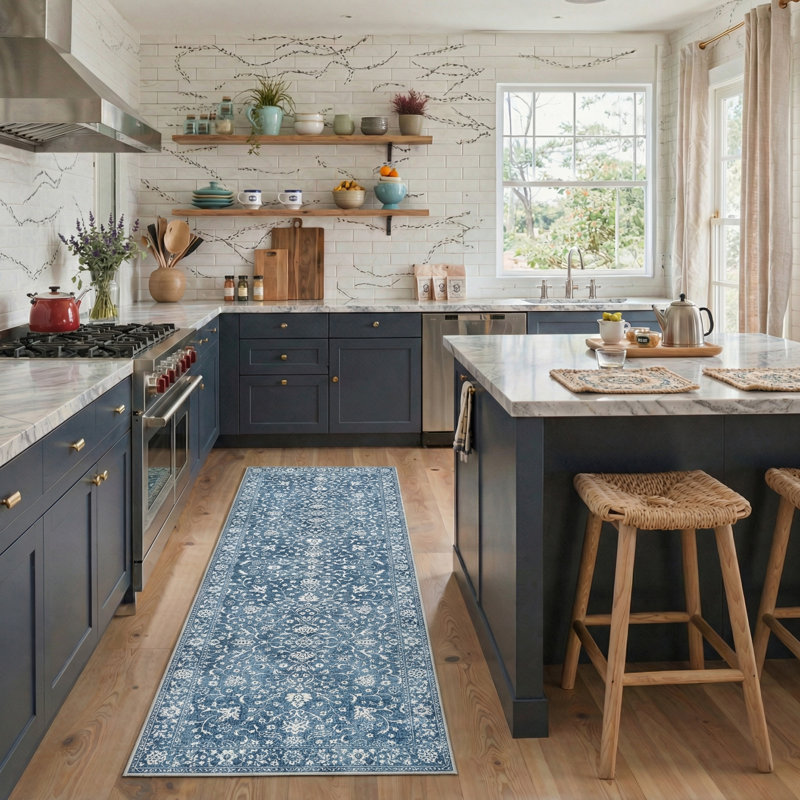 Zahara Oriental Floral Machine Washable Blue / White Indoor Area Rug with Non-Slip Backing, Blue, Runner 2' x 6'