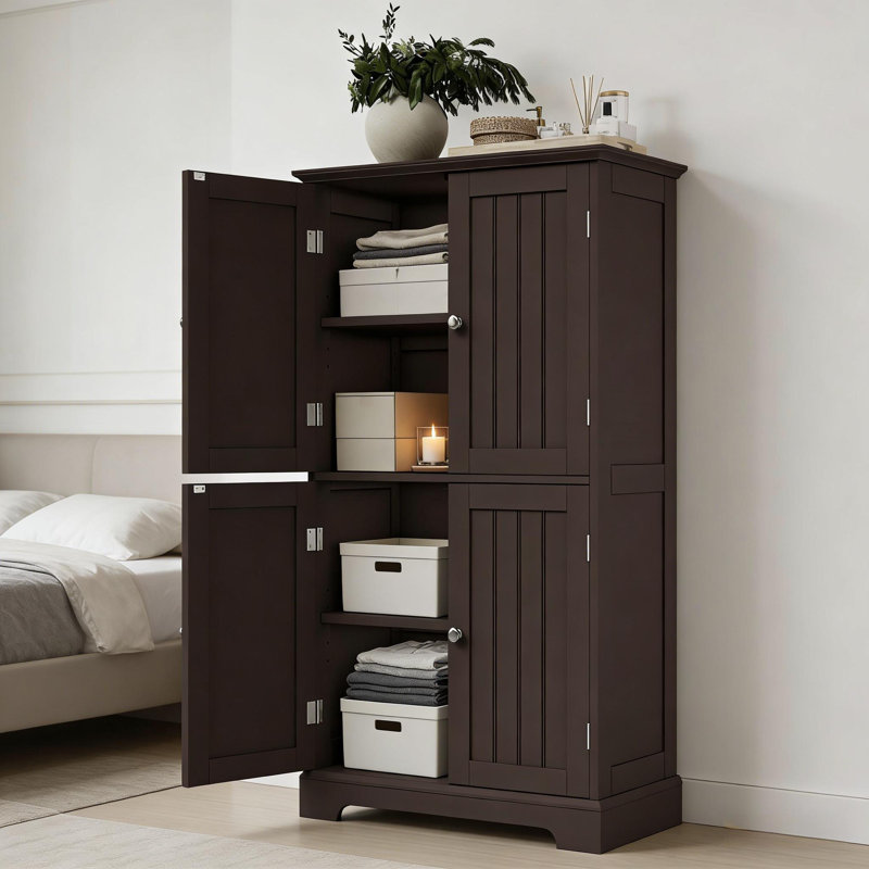 Modern 4-Door Bathroom Floor Storage Cabinet With Adjustable Shelves, Freestanding Cupboard, Espresso