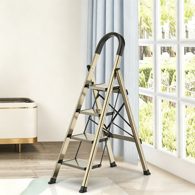 4 Step Folding Step Stool with Wide Anti Slip Pedals and Curved Handle