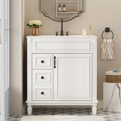 French Inspired 30" Bathroom Vanity With Ceramic Sink, Drawers Quiet Operation, And Adjustable Shelf 30 Inch Basin, Two Smooth - Glide Function,