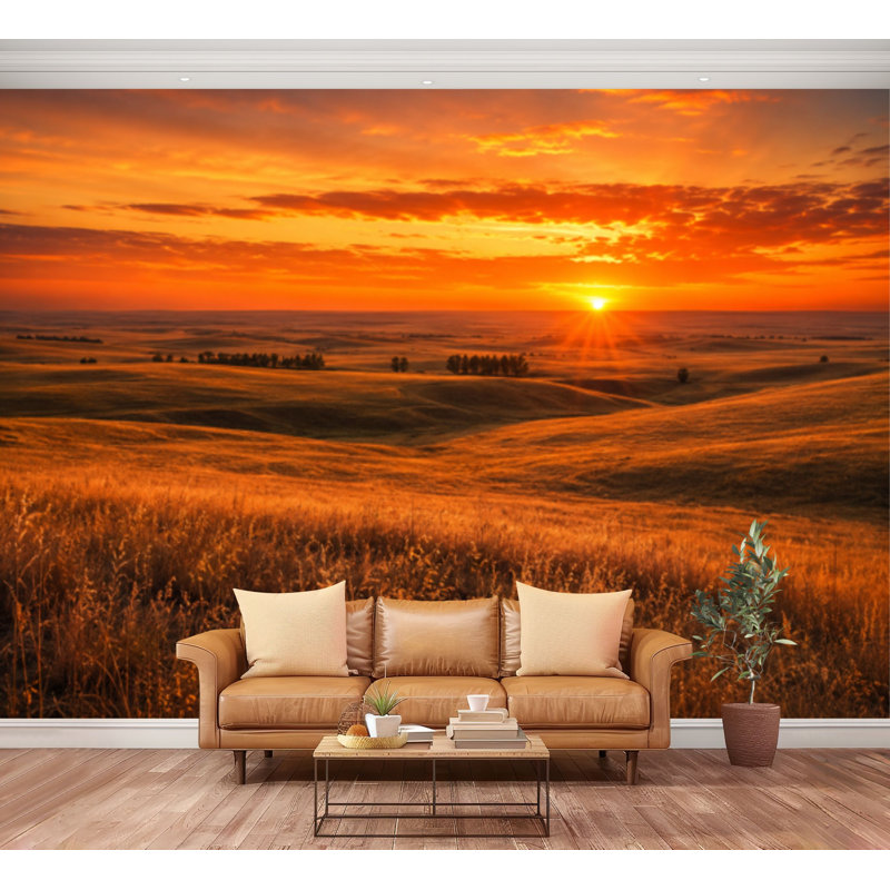 Papier peint adhésif autocollant orange brillant coucher de soleil Kansas Hills, papier adhésif de contact amovible pour décoration de salon