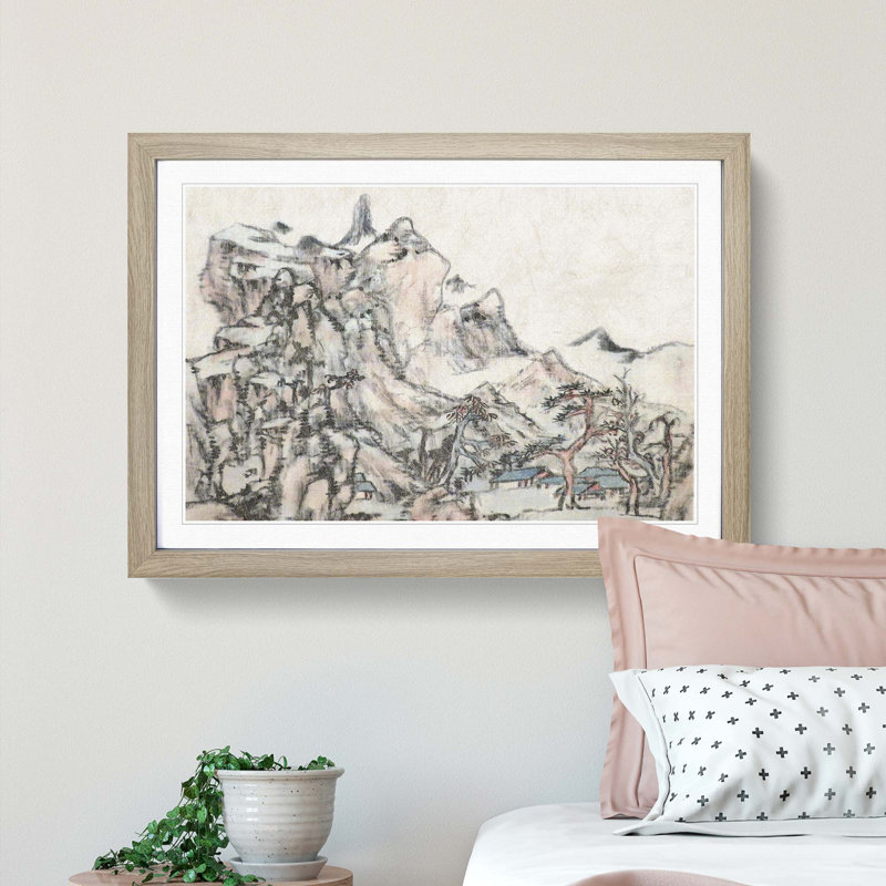 Mountain Landscape by Bada Shanren - Picture Frame Painting Print, 27cm H x 36cm W x 2cm D, Oak Framed