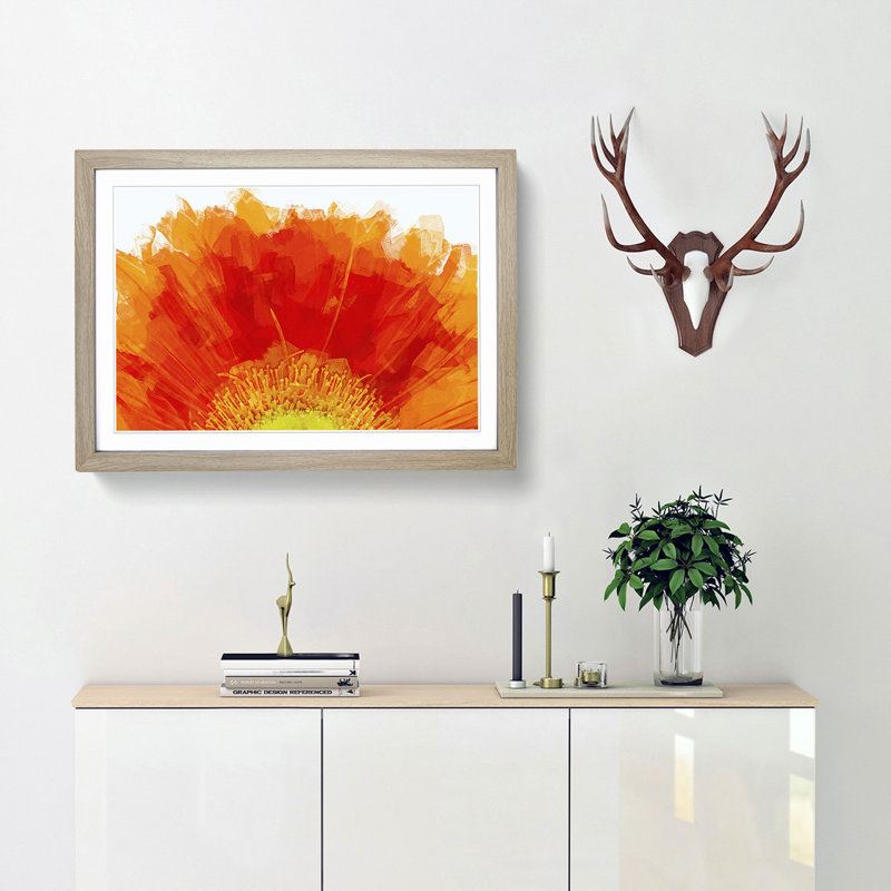An Orange Gerbera in Abstract - Picture Frame Graphic Art Print, 48cm H x 65cm W x 2cm D, Oak Framed