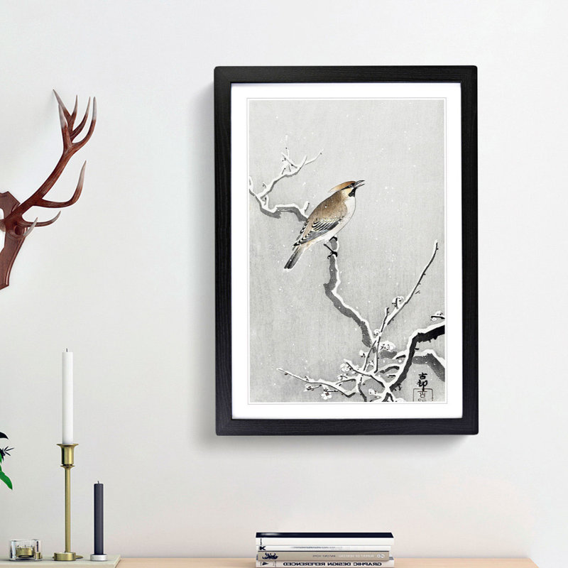 Bohemian Bird on a Snowy Branch by Ohara Koson - Picture Frame Painting Print, 65cm H x 48cm W x 2cm D, Black Framed