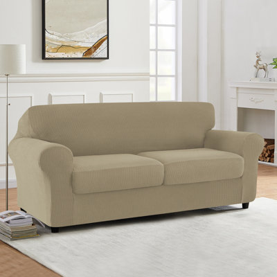 3 Piece Stretch Jacquard Couch Cover, Sofa Slipcover for 2 Cushion Couch, Machine Washable Furniture Protector(Loveseat, Sand)