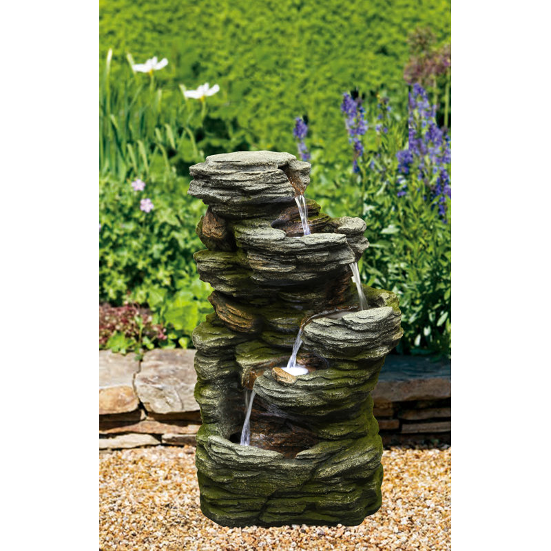 Multilevel Stone Outdoor Fountain with Cool White LED Lights