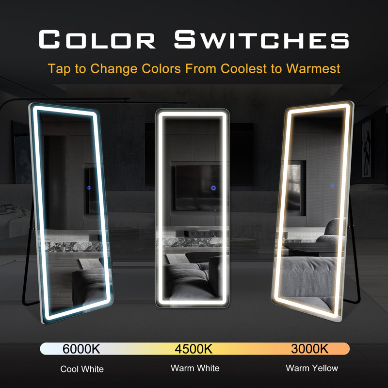 LED Wall Mirror Full Length Mirror with Stand with 3 Adjustable Lights, 20" x 63, Silver